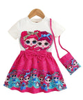 Children's outfit with pink dress and white t-shirt featuring cartoon characters, paired with a matching bag.