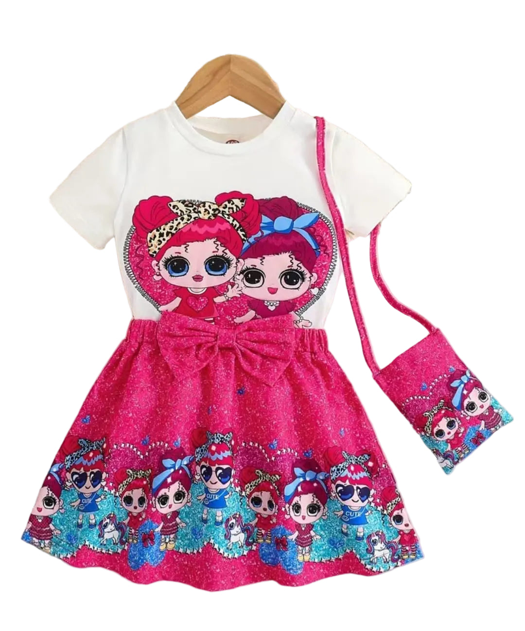 Children's outfit with pink dress and white t-shirt featuring cartoon characters, paired with a matching bag.