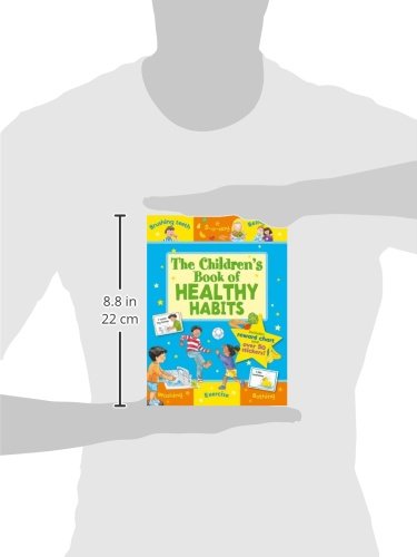 Children's book titled 'The Children's Book of Healthy Habits' held by a hand with dimensions indicated.