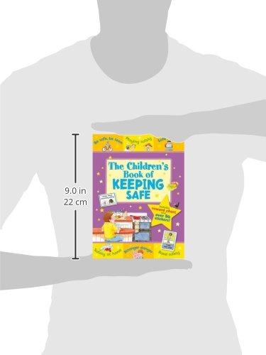 Book titled 'The Children's Book of Keeping Safe' held by a hand with dimensions indicated.