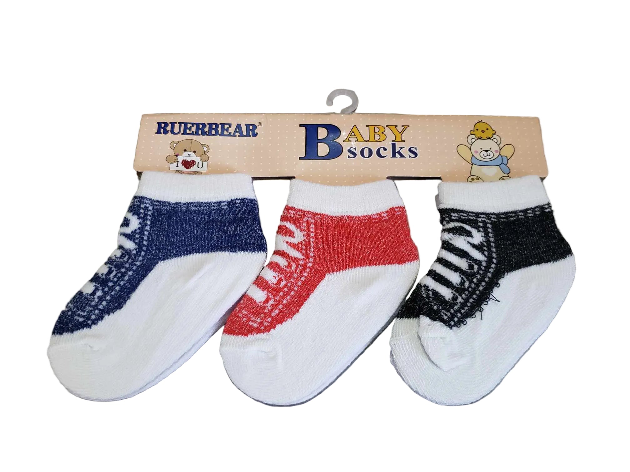 Three baby socks on a display card with 'Buerbear' branding against a gray background.