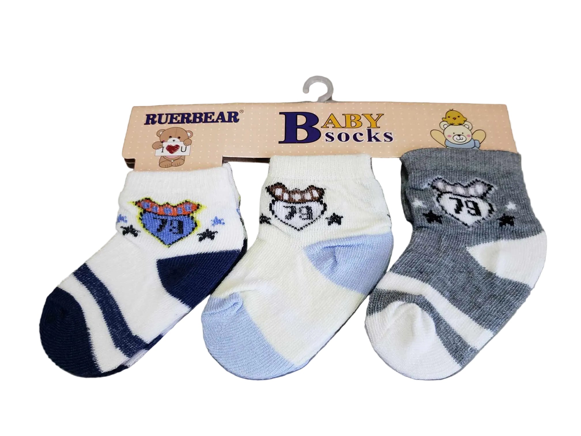 Three baby socks on a display card with 'Buerbear' branding against a gray background.