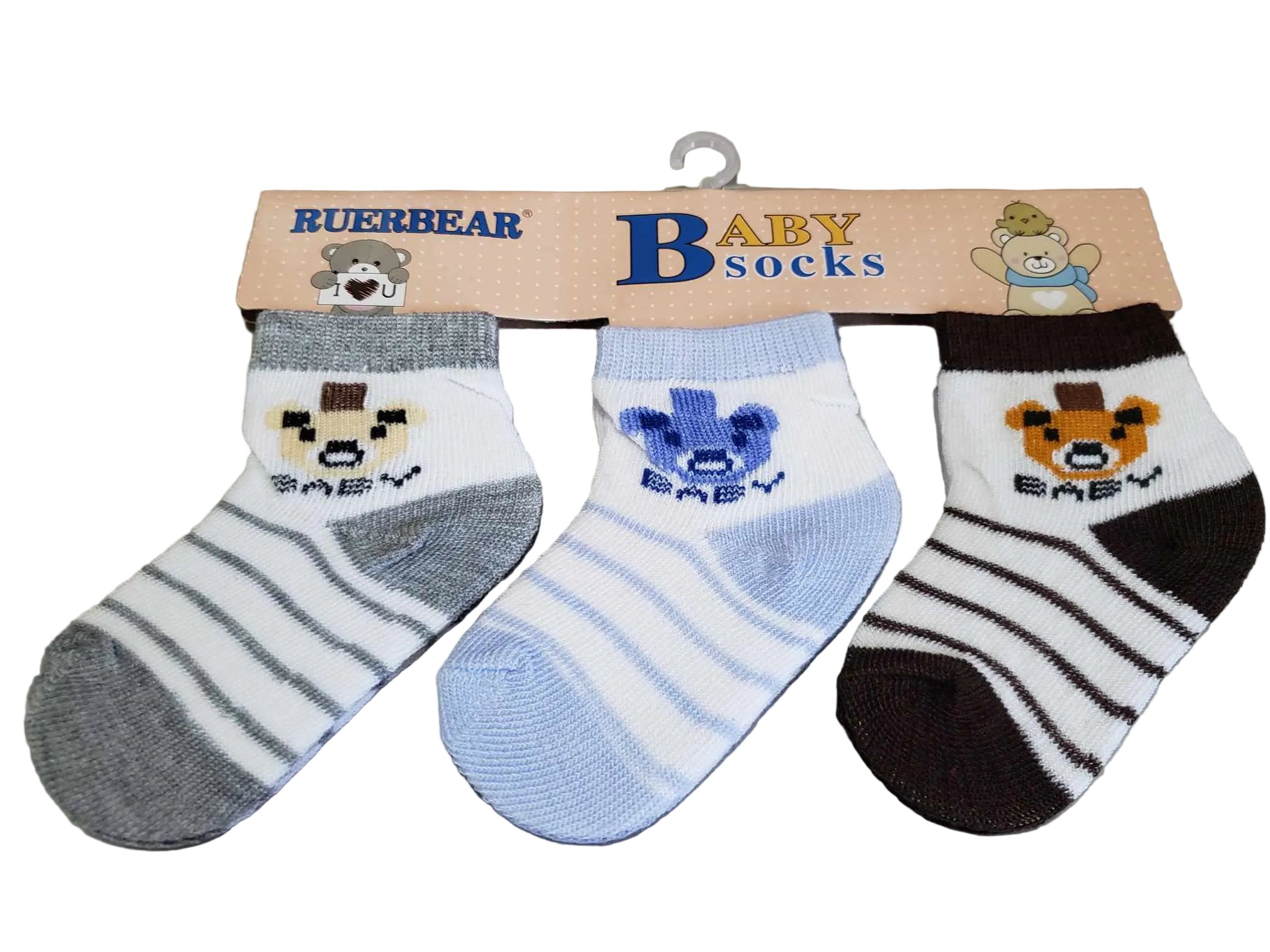 Three baby socks with bear designs on a 'Buerbear' branded card.