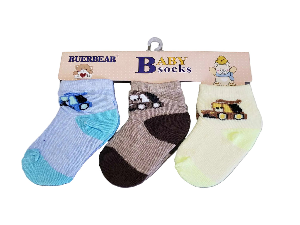 Three baby socks with vehicle designs on a 'Buerbear' branded display card.