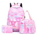 Set of pink tie-dye backpack, lunch bag, and pouch on a white background