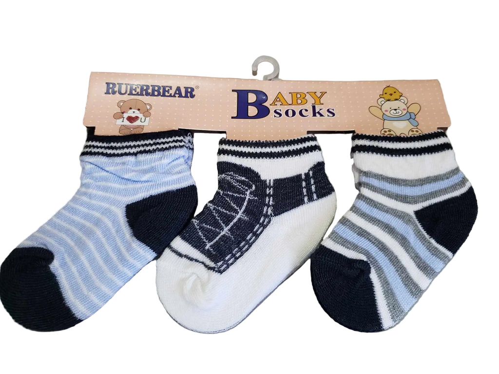 Three baby socks on a Bubba Bear branded card with a white background