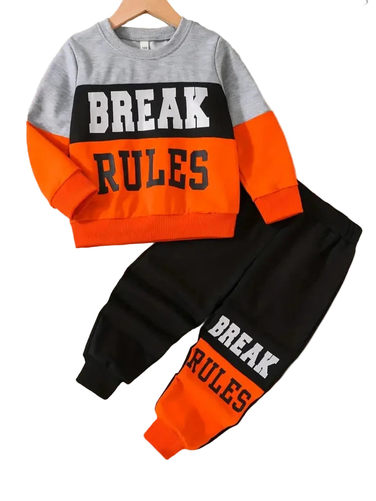 Boys outfit with Break rules  gray, orange, and black sweatshirt and pants