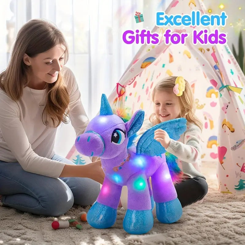 A colorful plush unicorn toy with LED lights, presented as a gift for kids, with an adult and a child interacting with the toy in a cozy indoor setting.
