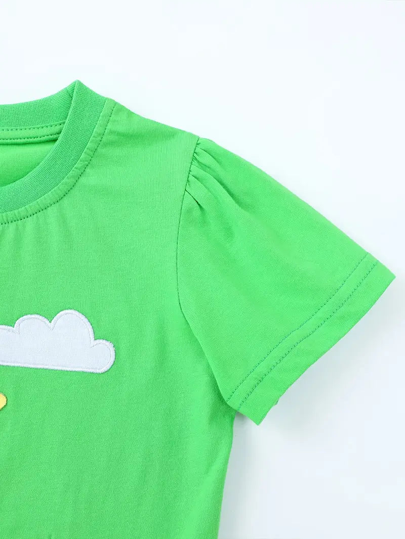 Green t-shirt with a white cloud design on a white background