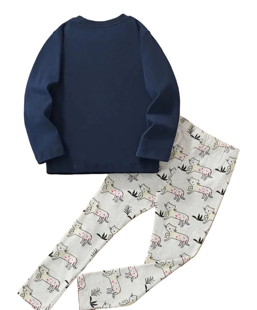 Navy blue sweatshirt and patterned pants on a white background