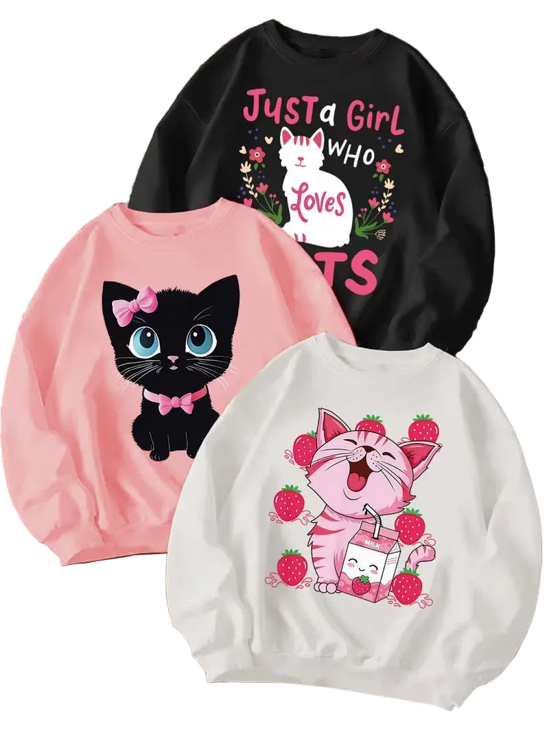 Three sweatshirts with different designs on a white background