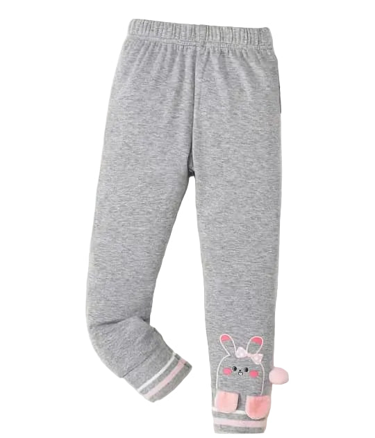 Gray children's pants with a cartoon bunny design on a white background