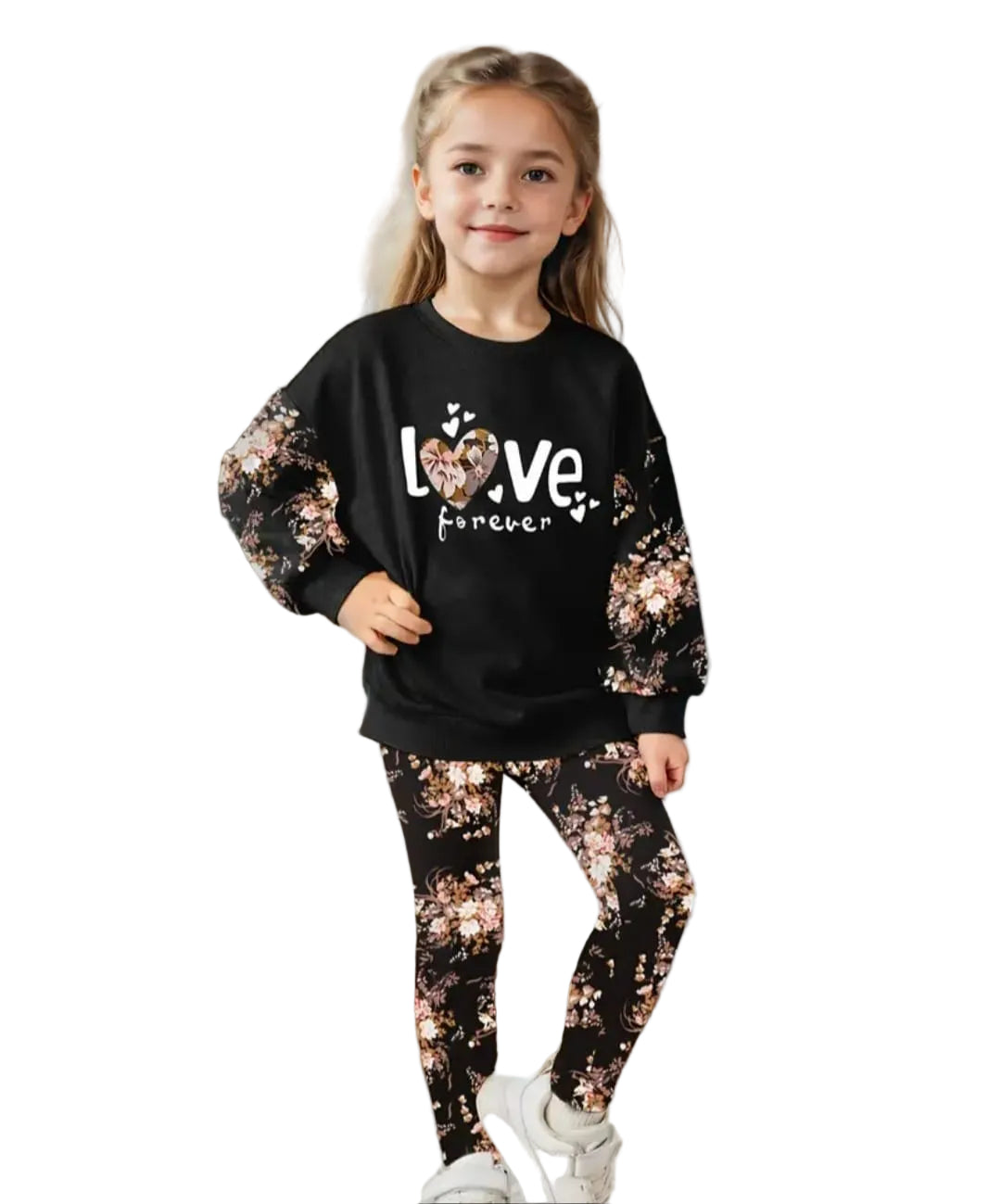 Young girl wearing a black sweatshirt and floral leggings with 'Love forever' text on a white background