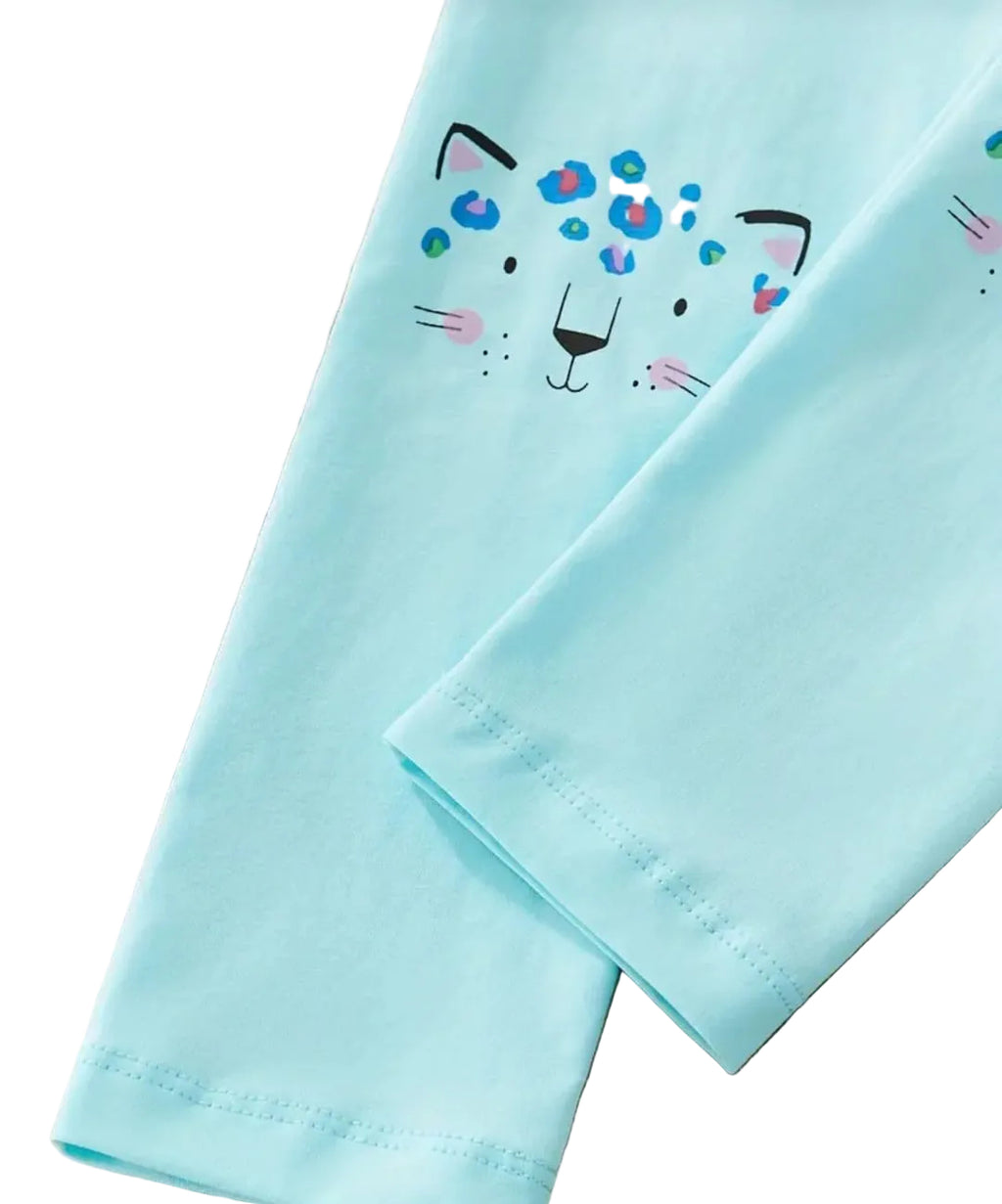Light blue fabric with a cat face design on a white background