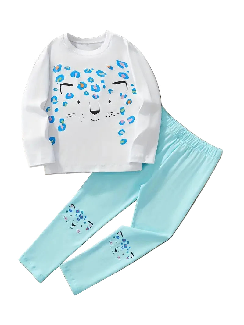 Children's pajama set with white top and light blue pants featuring cartoon designs on a white background.