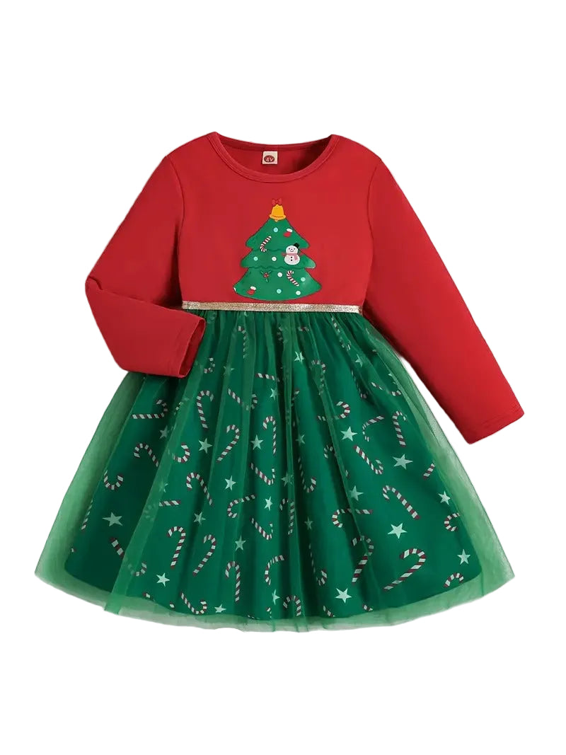 Red and green Christmas-themed dress with a tree design on a white background