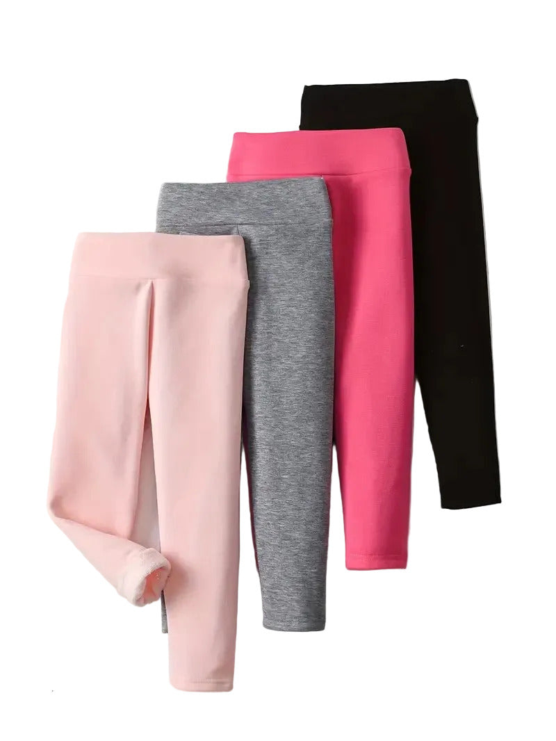 Four pairs of leggings for a girl in pink, gray, and black 