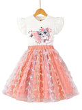 Children's dress with cat design and pink tulle skirt on a white surface.