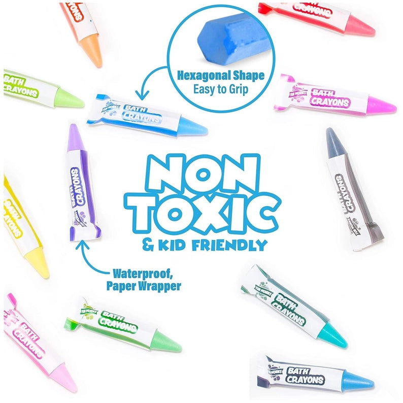 Collection of bath crayons with a focus on safety features on a white background