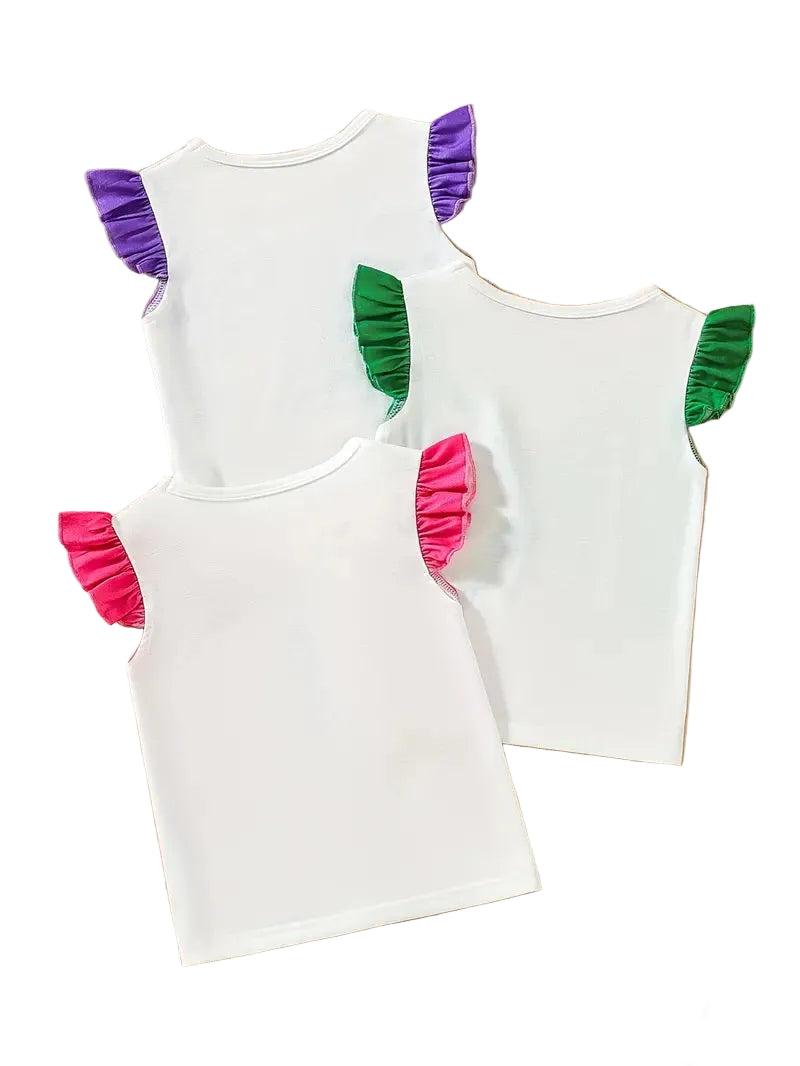 Two white tank tops with colorful ruffled sleeves on a white background