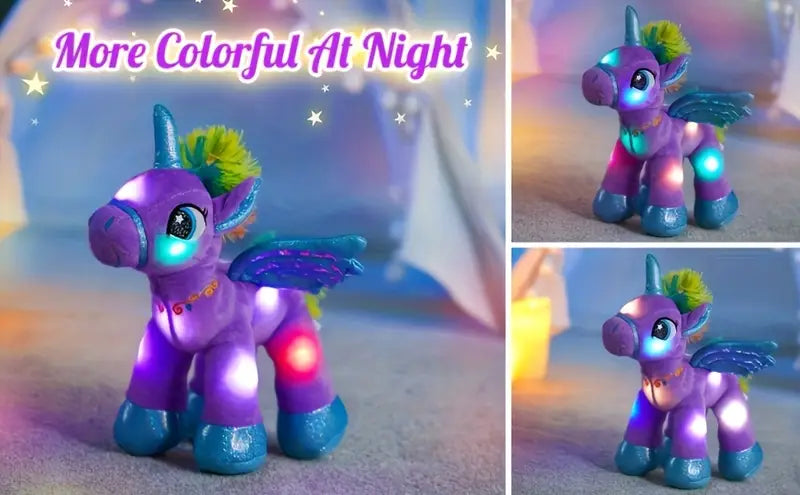 Light-up toy unicorn with colorful LED lights on a soft surface.