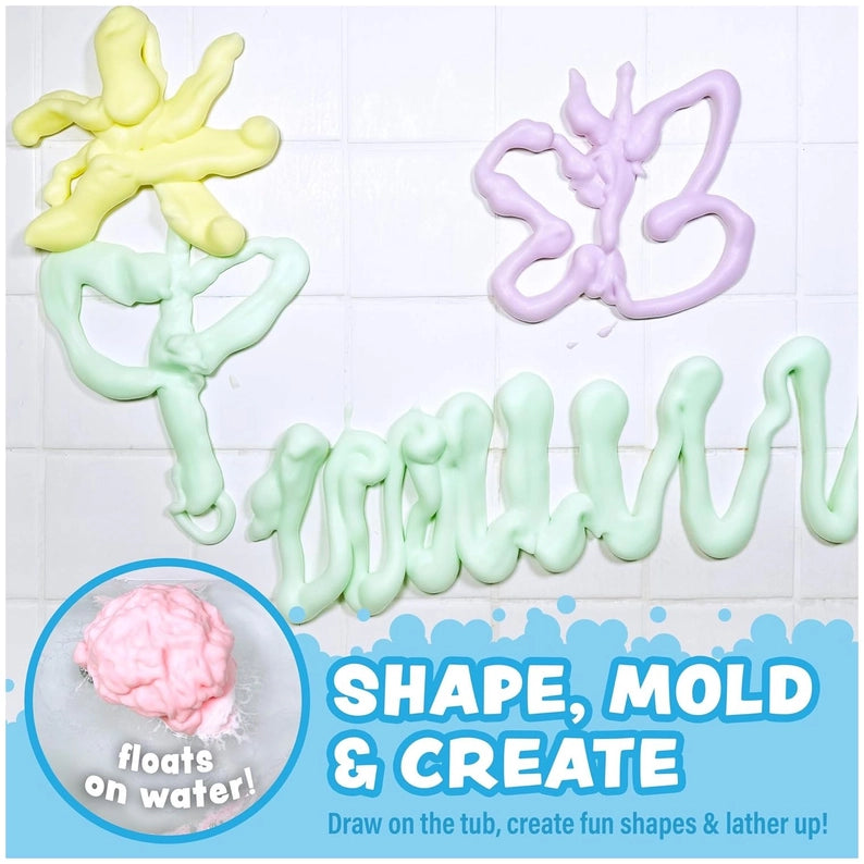 Colorful slime shapes on a white background with text 'Shape, Mold & Create' and 'floats on water'.