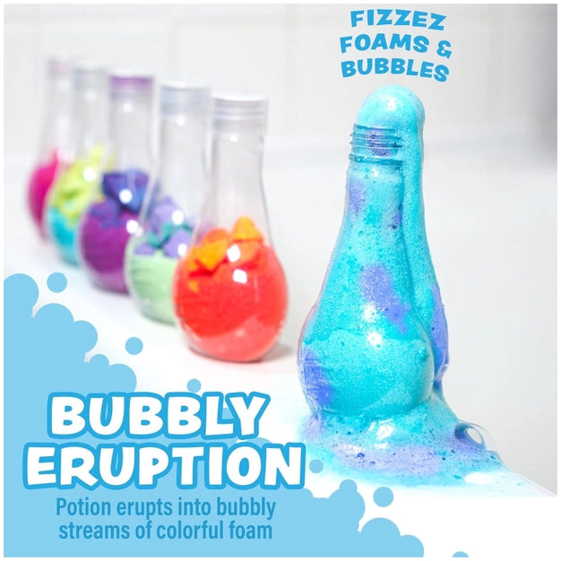 Fizzy foam and bubble product with colorful foam in a bottle on a white background