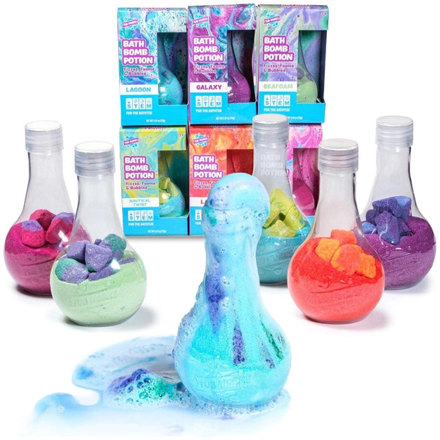 Colorful bath bomb potions with packaging on a white background
