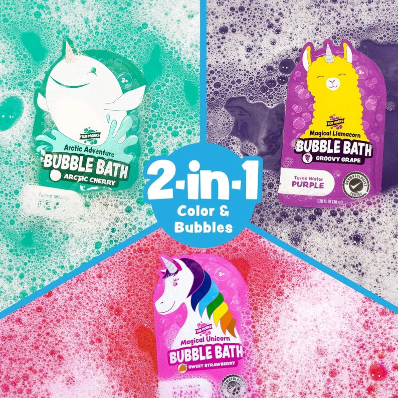 Three packages of bubble bath with colorful designs and text on a textured background.