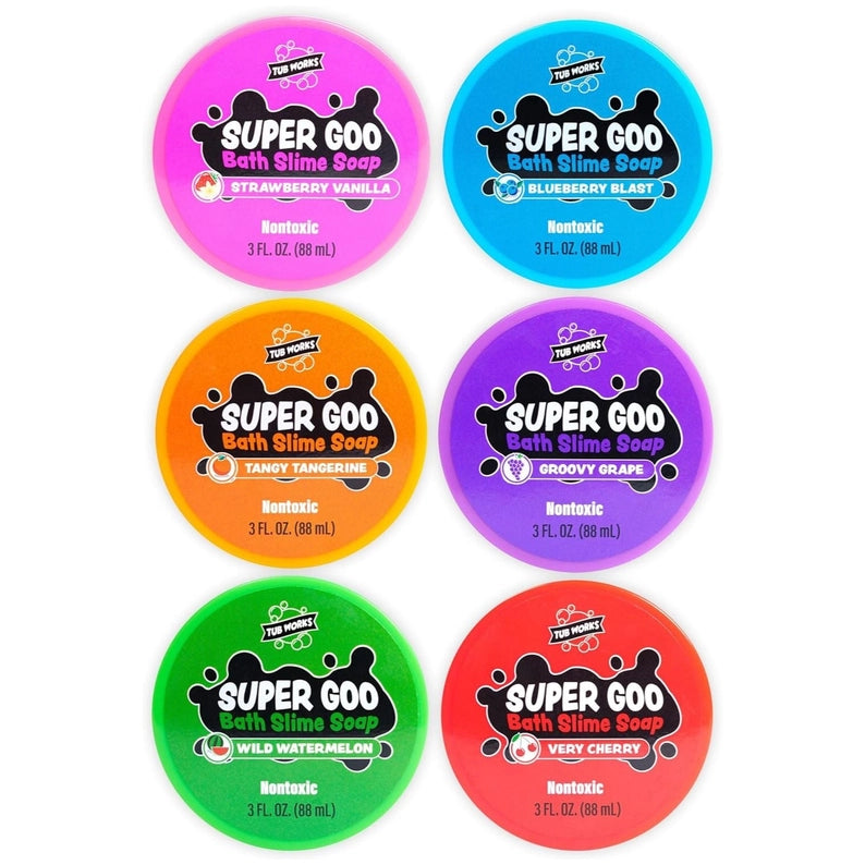 Set of Super Goo Bath Slime Soaps in various flavors on a white background