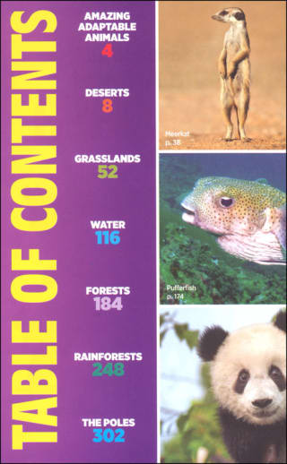 Table of contents for a nature-themed book with animal images and text.