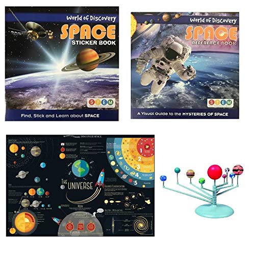 Educational space-themed products including a sticker book, reference book, poster, and model on a white background.