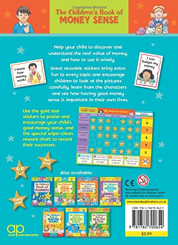 Back cover of 'The Children's Book of Money Sense' with educational content and product details.