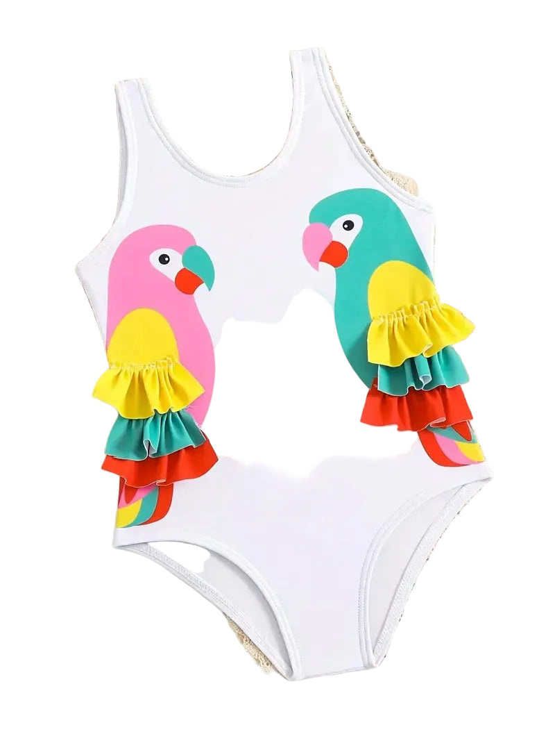 White swimsuit with colorful parrot designs on a white background