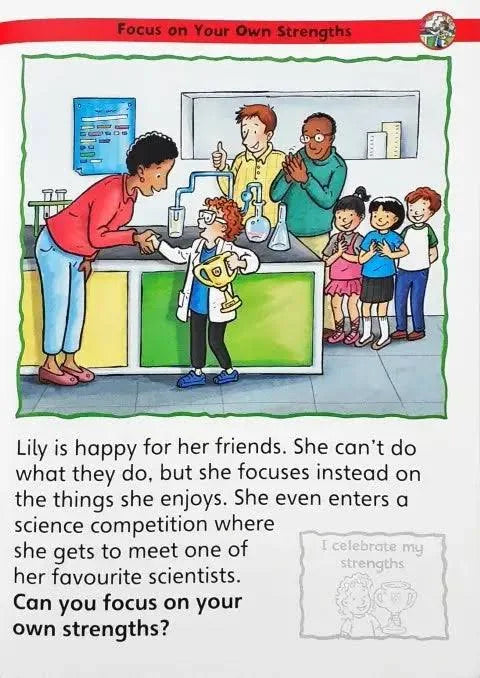 Cartoon illustration of a classroom scene with children and a teacher, focusing on personal strengths.