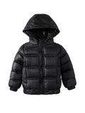 Black puffer jacket with a hood on a white background