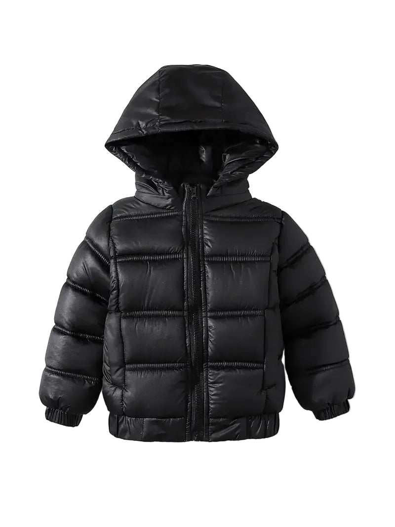 Black puffer jacket with a hood on a white background