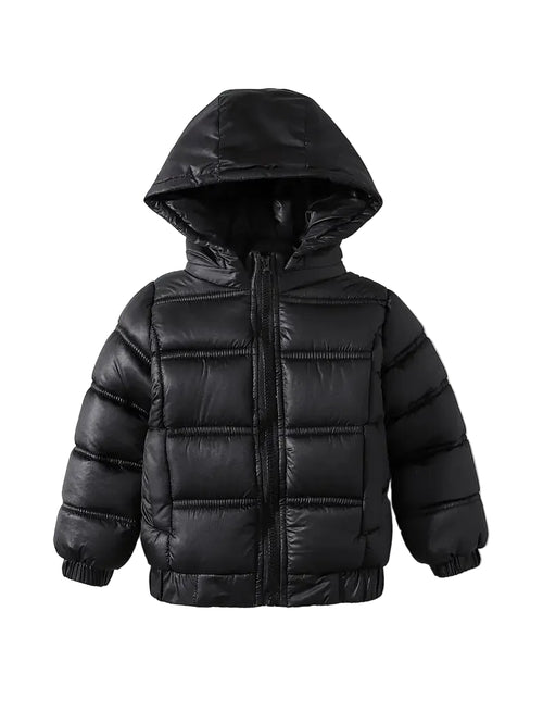 Black puffer jacket with a hood on a white background