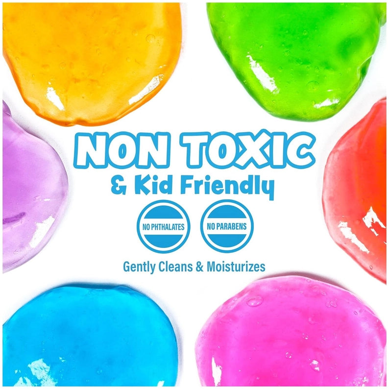Colorful slime with 'Non Toxic & Kid Friendly' text and safety claims on a white background.