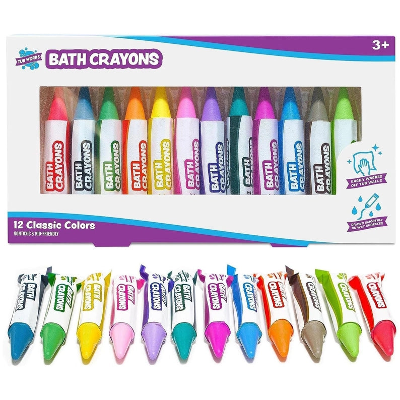 Box of bath crayons with 12 classic colors displayed below.