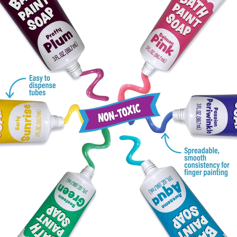 Colorful tubes of bath paint soap with text highlighting features on a white background
