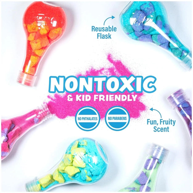 Reusable flasks with colorful contents on a white background, labeled as non-toxic and kid-friendly.