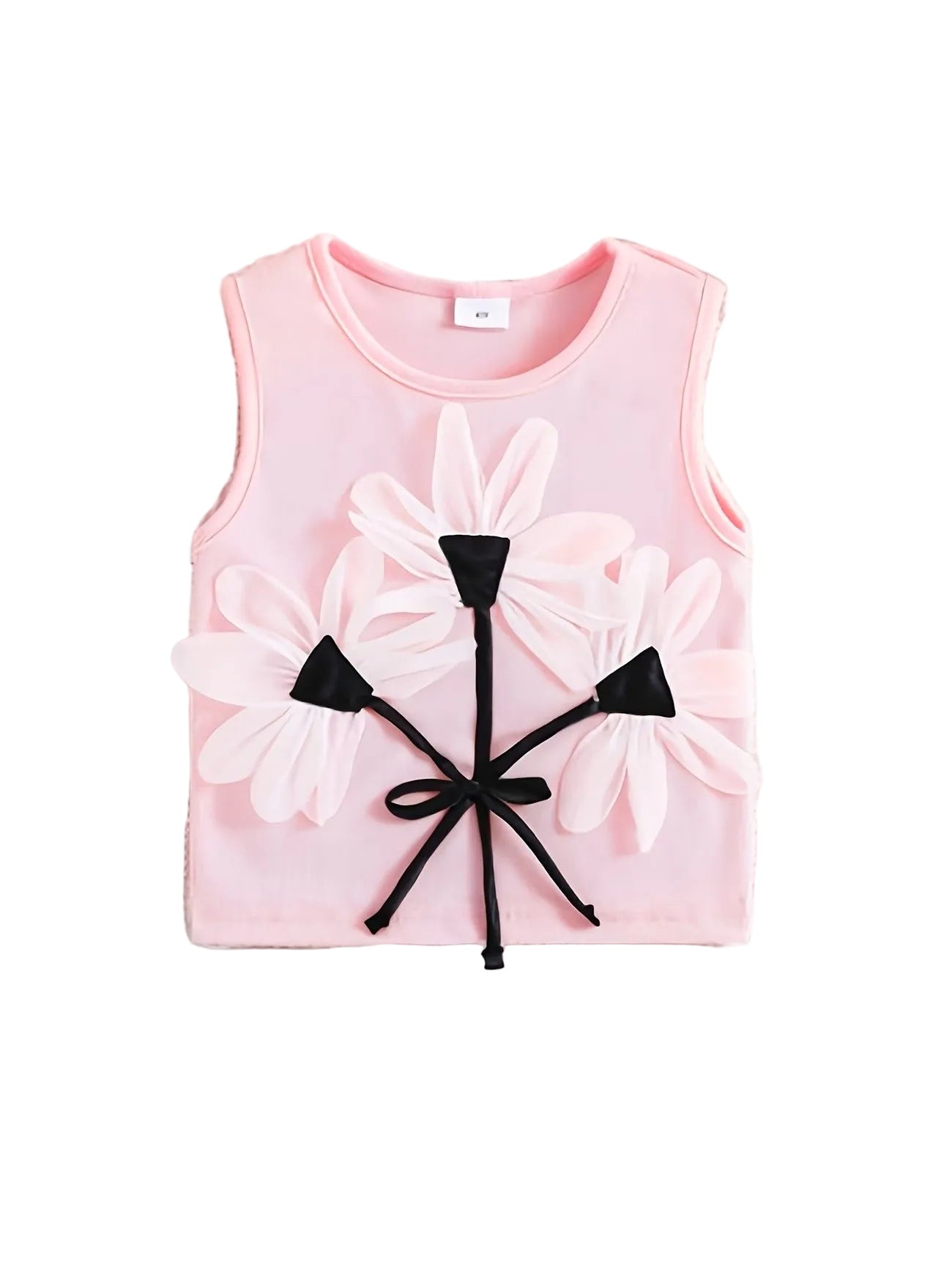 Pink sleeveless top with floral designs and black bows on a white background