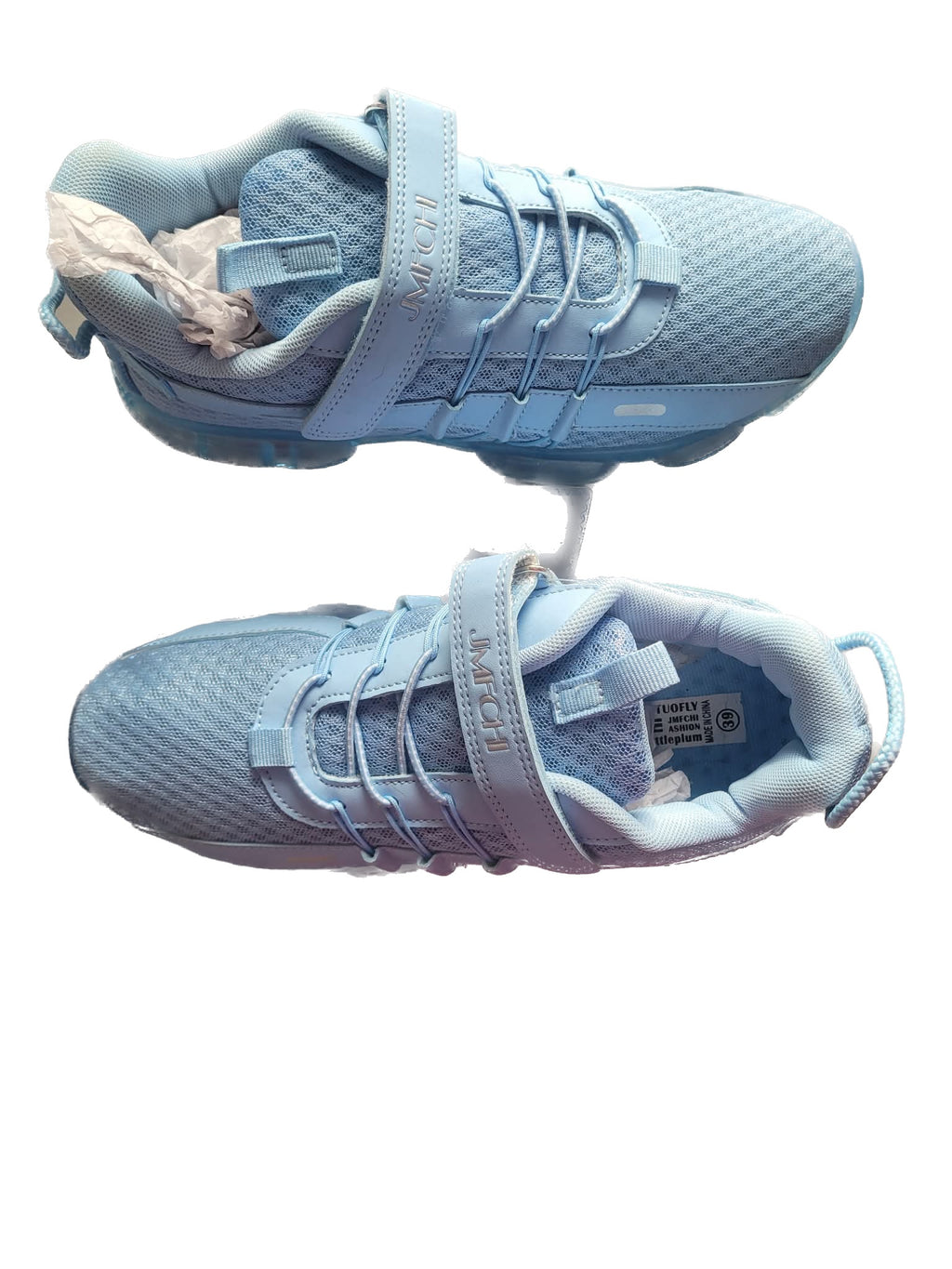 Light blue athletic shoes with white laces on a white background