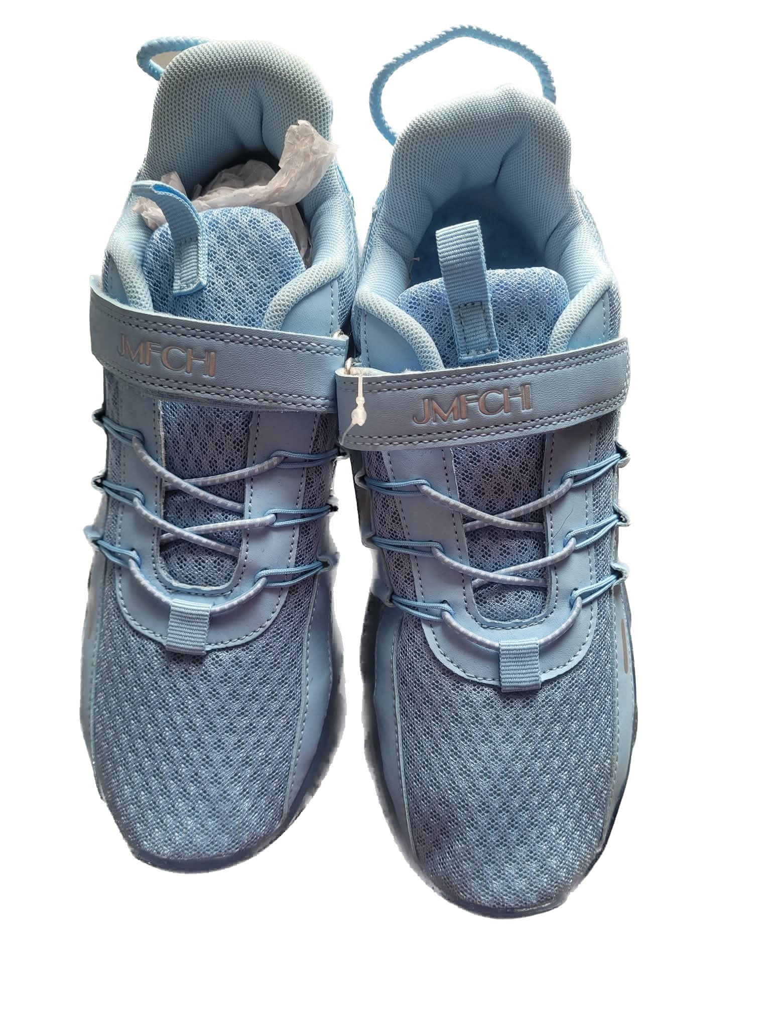 Pair of blue athletic shoes with visible brand logo on a white background