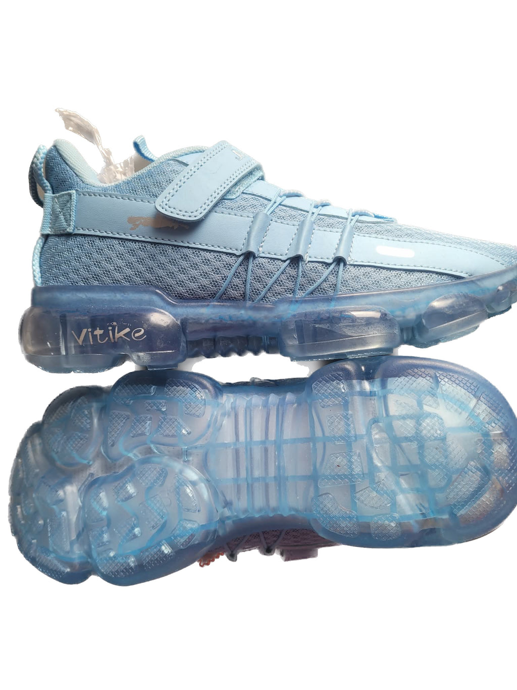 Blue sneakers with transparent sole on a white background