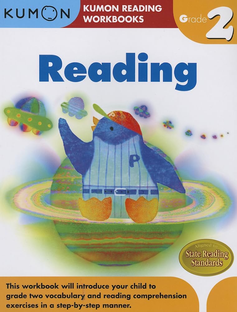 Kumon Reading Workbook for Grade 2 with a colorful penguin illustration on the cover.