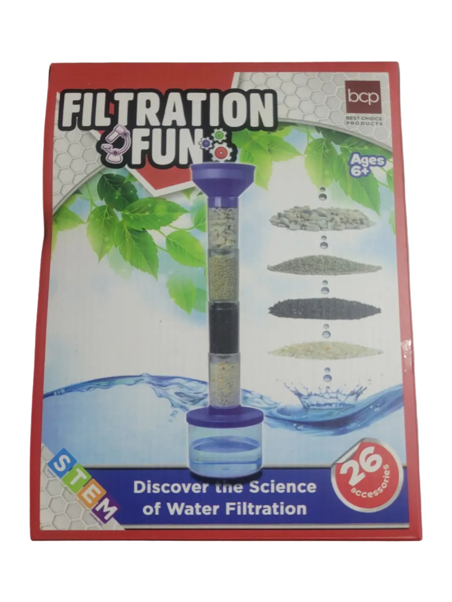 Box of 'Filtration Fun' science kit with water filtration model on a gray background