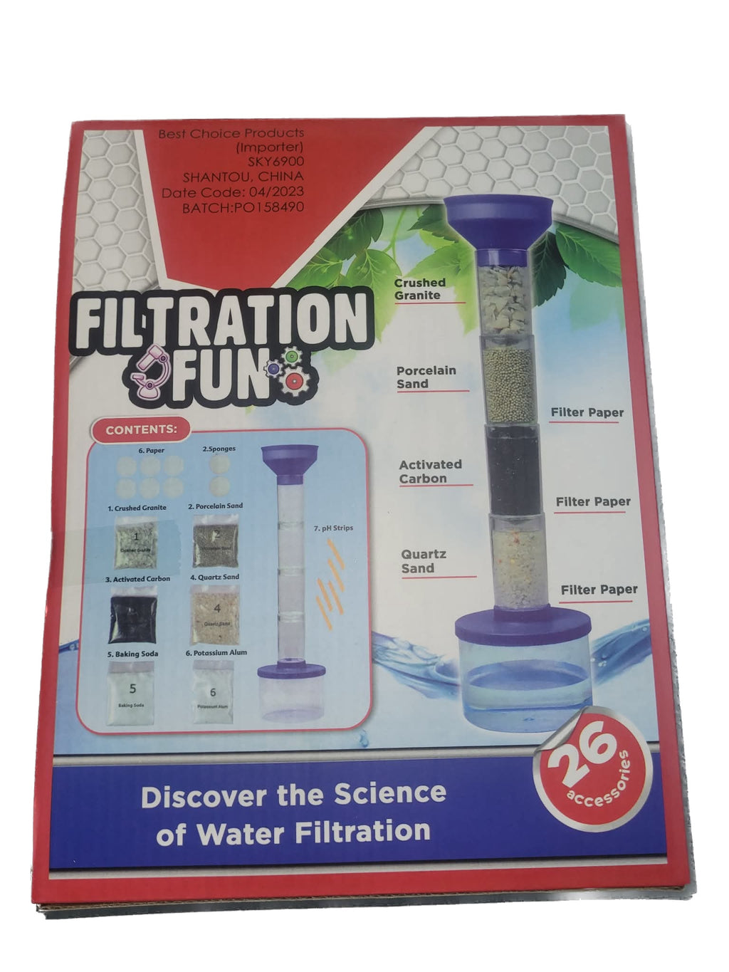 Box of Filtration Fun water filtration kit with educational graphics on a white background