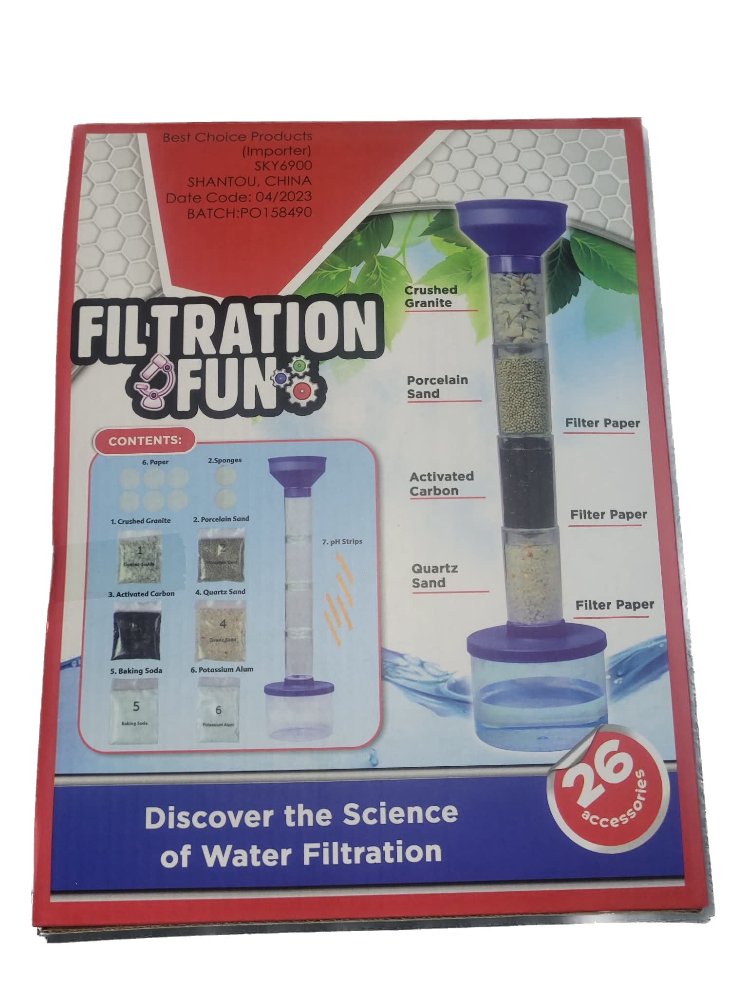 Box of Filtration Fun water filtration kit with educational graphics on a white background